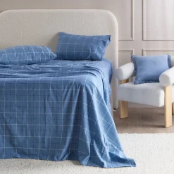Blue Check Cotton Flannelette Sheet Set