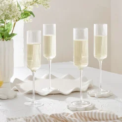 Mila Ribbed Champagne Crystal Glass Flute Set of 4