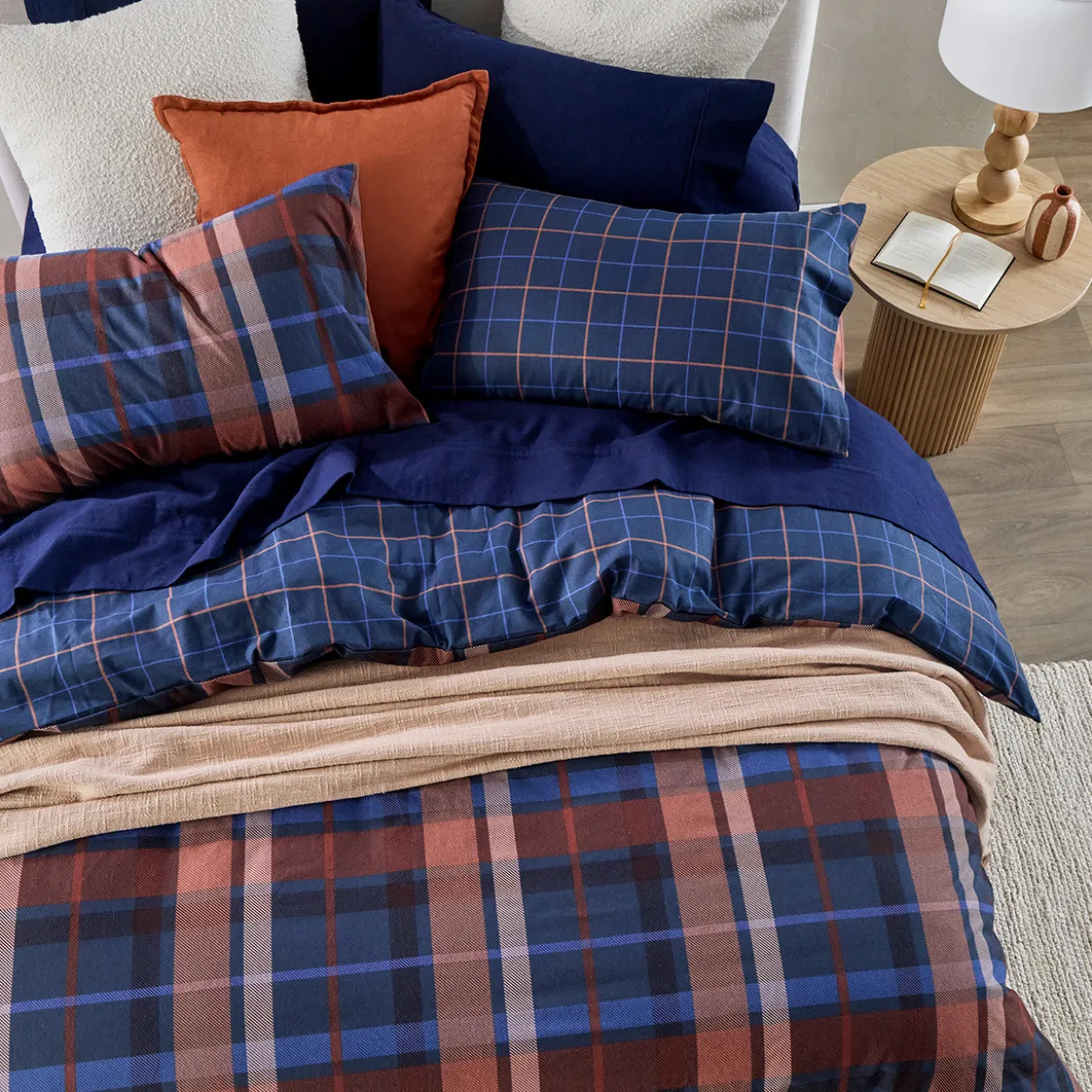 Navy Check Reversible Flannelette Quilt Cover Set